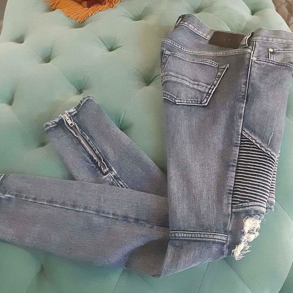 PACSUN LA Moto Distressed, Dark Stacked Skinny Jeans, Blue, Size: 28 x 30 (CL04)